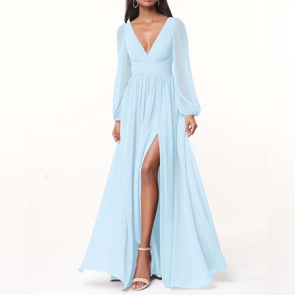 Azazie Blue Long Sleeve Gown with V-Neck and Slit